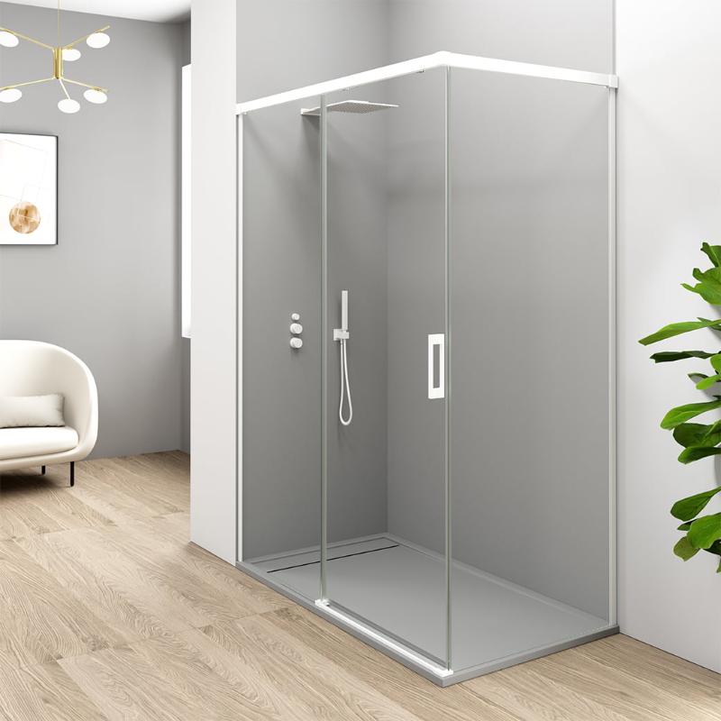 Eckduschwand mit Schiebetür YAIZA weiß - Glas 6 mm
