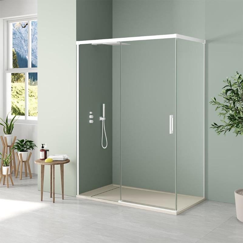 Eckduschwand mit Schiebetür YAIZA weiß - Glas 6 mm