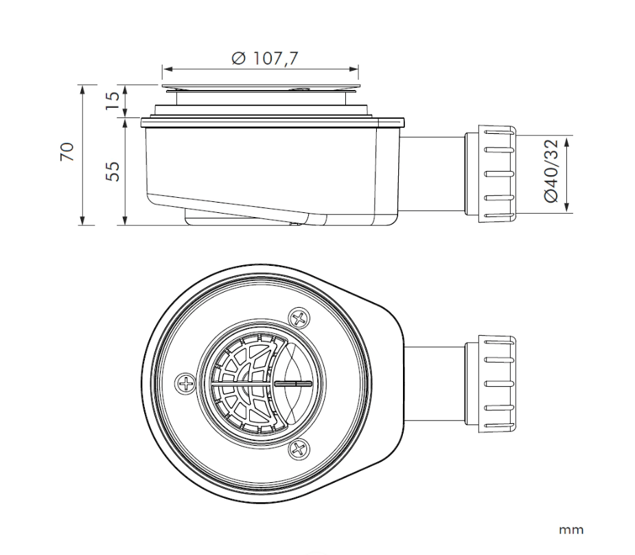 Ablaufventil, horizontal, Sanycces Ø90 mm, Höhe 74 mm für Duschwannen