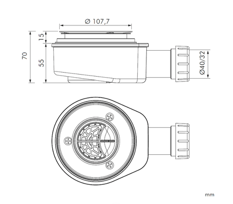 Ablaufventil, horizontal, Sanycces Ø90 mm, Höhe 74 mm für Duschwannen