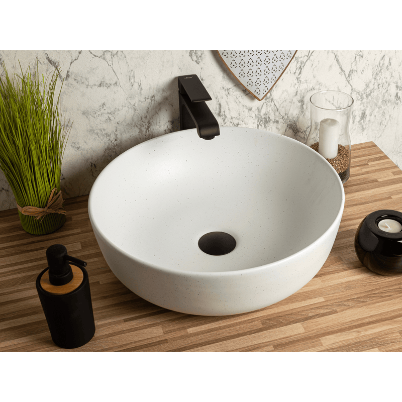 Rundes Aufsatzwaschbecken aus Keramik GRANA, mattweiß mit Granit-Effekt