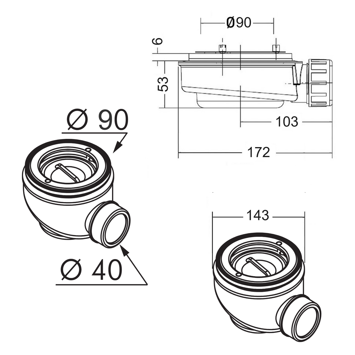 Dimensions ( Bonde extra-plate horizontale Sanycces Ø90 mm pour receveur de douche - Le Monde du Bain