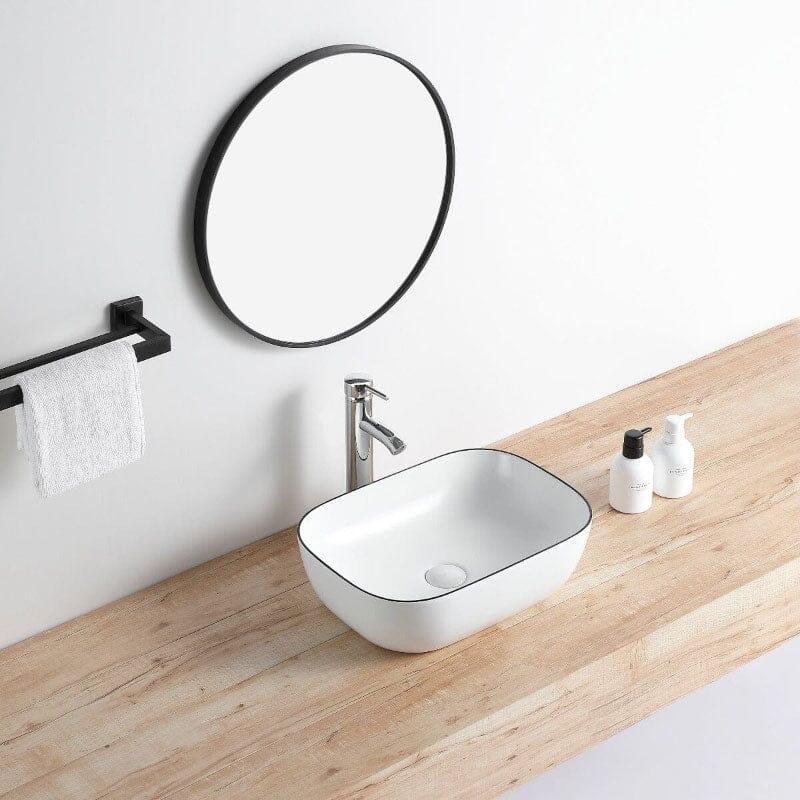 Lavabo blanco brillante borde negro sobre encimera cerámico CUARTO 45,5 x 32,5 cm - Entorno baño