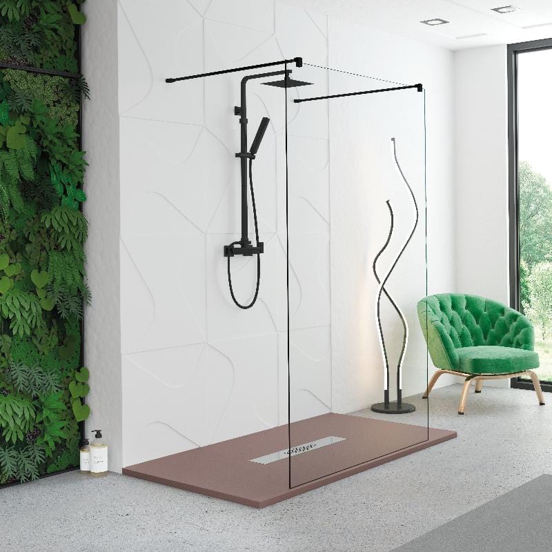 Walk In Duschwand MANACOR freistehend mit zwei Stabilisationsbügeln schwarz - Glas 8mm