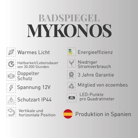 Badspiegel MYKONOS mit integriertem LED-Licht und Touch-Funktion