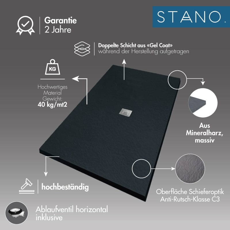 Mineralgiet-douchebak extra plat CENTRO, leisteenlook, ANTHRACIET