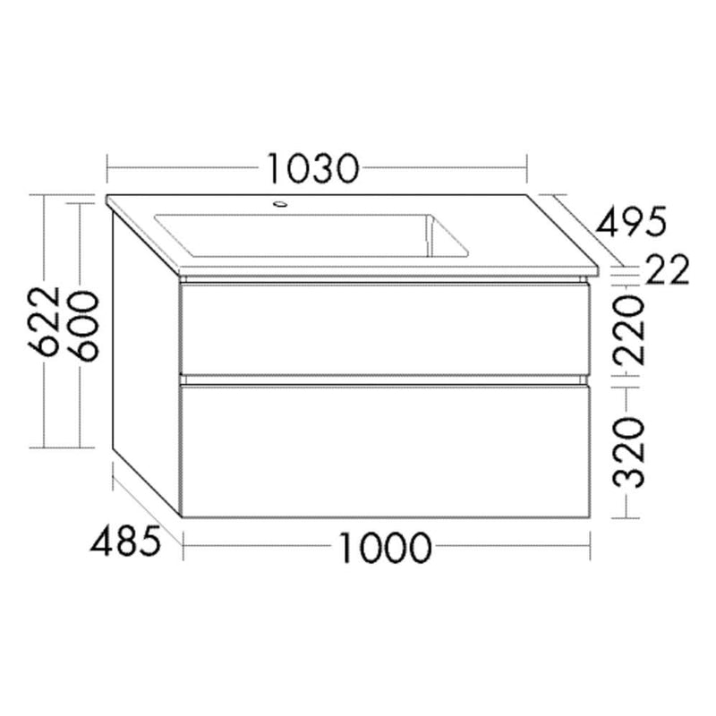 burgbad Lin20 Waschtischunterschrank mit Keramik-Waschtisch 103 cm, 2 Auszüge, links