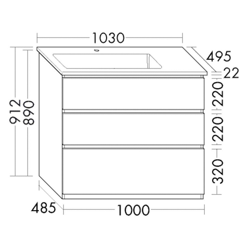 burgbad Lin20 Waschtischunterschrank mit Keramik-Waschtisch 103 cm, 3 Auszüge, links