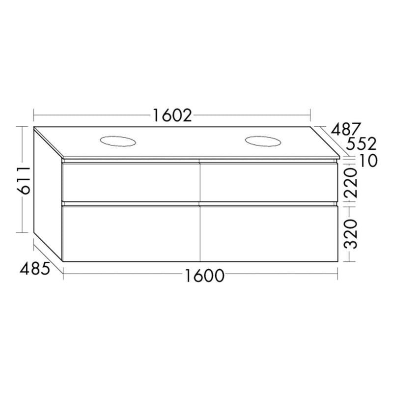 burgbad Lin20 Waschtischunterschrank mit Konsolenplatte 160 cm, 4 Auszüge, Beckenausschnitt links und rechts