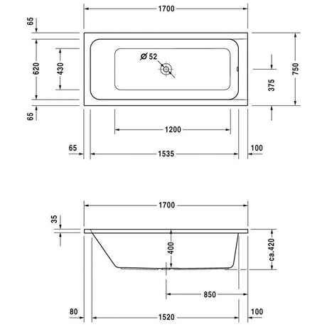 Duravit D-Code Rechteck-Badewanne 170 x 75 cm mit Mittelablauf