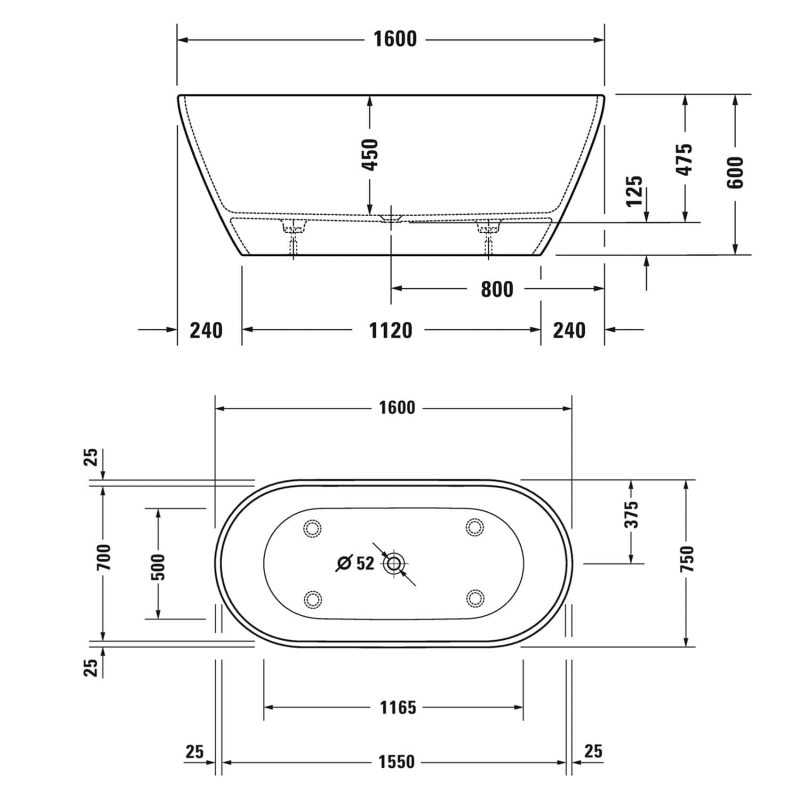 Duravit D-Neo Badewanne freistehend 160 x 75 cm, ohne Überlauf