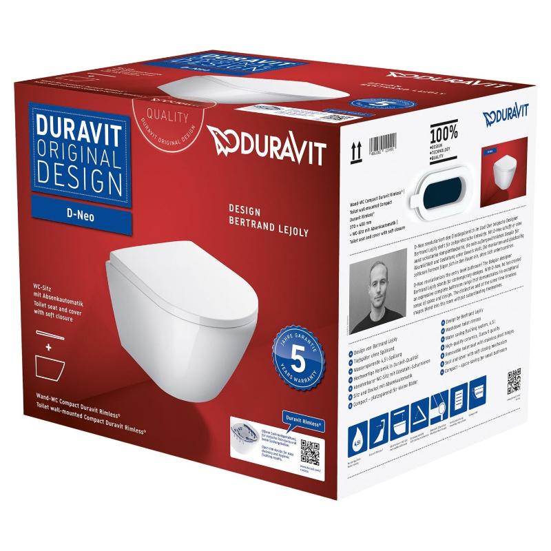 Duravit D-Neo Wand-WC-Set Rimless, Compact-Tiefspüler, mit Durafix