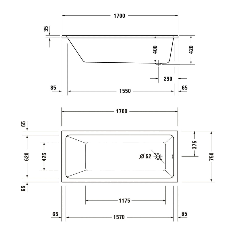 Duravit No. 1 Rechteck-Badewanne 170 x 75 cm mit 1 Rückenschräge