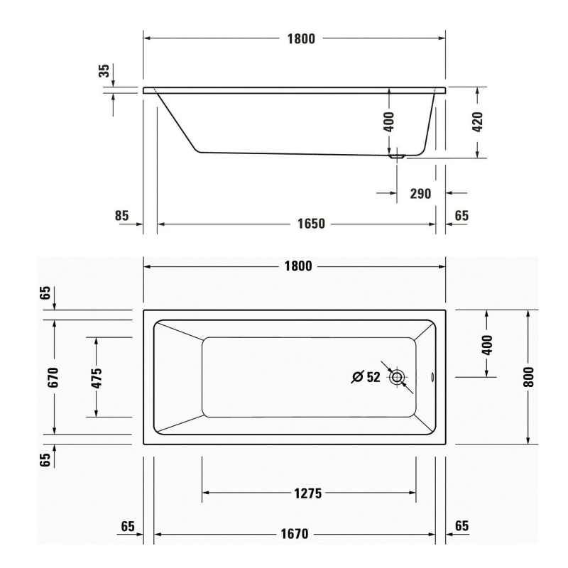 Duravit No. 1 Rechteck-Badewanne 180 x 80 cm mit 1 Rückenschräge