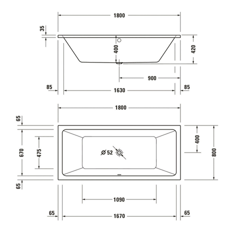 Duravit No. 1 Rechteck-Badewanne 180 x 80 cm mit 2 Rückenschrägen