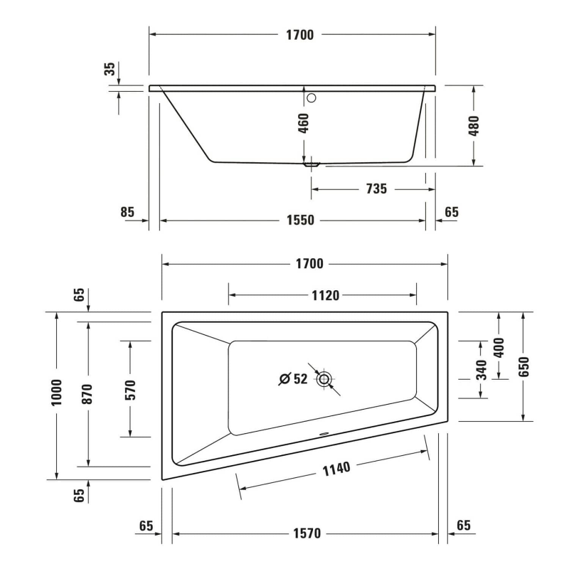 Duravit No. 1 Trapez-Badewanne 170 x 100 cm mit 1 Rückenschräge links