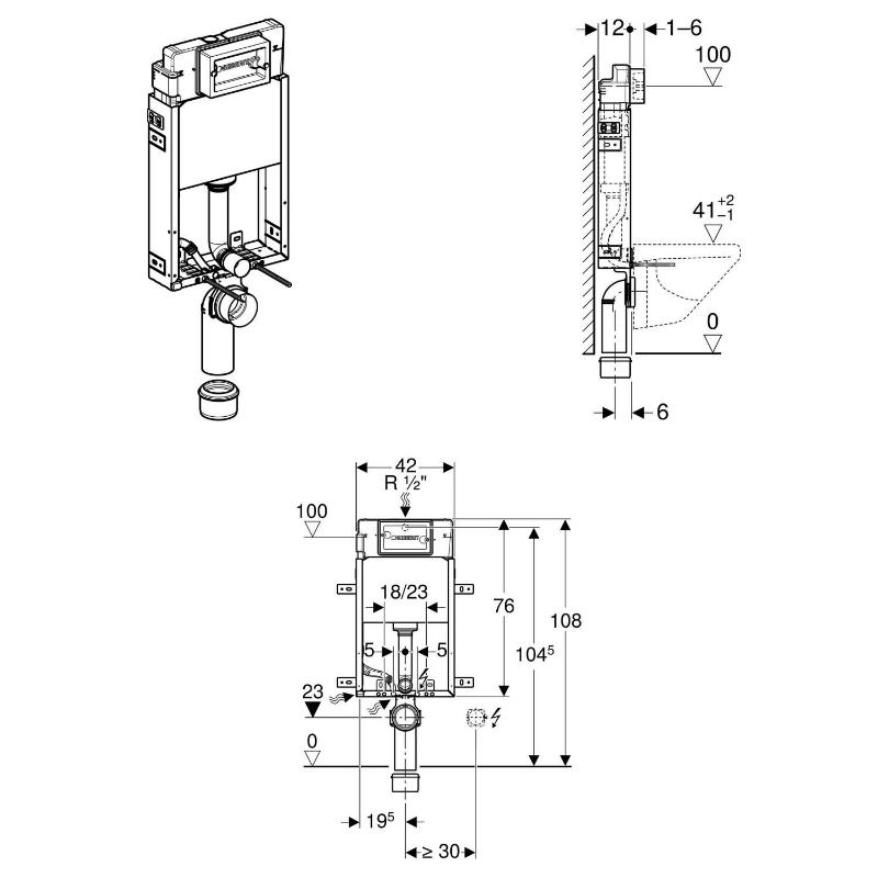 Geberit Kombifix Element für Wand-WC, 108 cm, mit Delta UP-Spülkasten 12 cm, für Betätigung von vorne