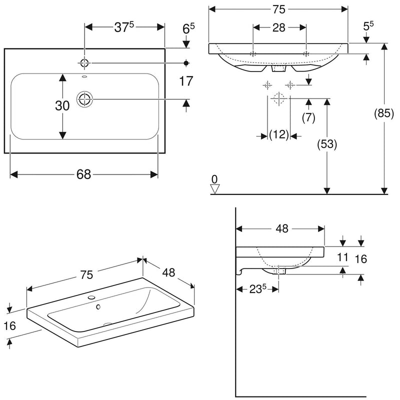 Geberit iCon Light Waschtisch 75 cm mit Hahnloch mittig und Überlauf