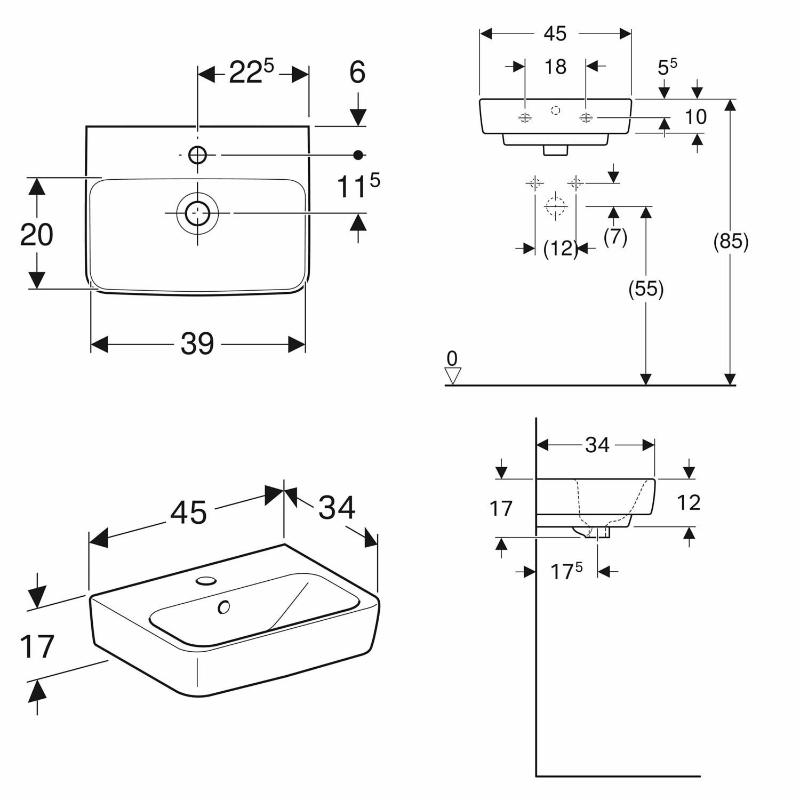 Geberit Renova Plan Handwaschbecken 45 cm mit Hahnloch mittig, mit Überlauf