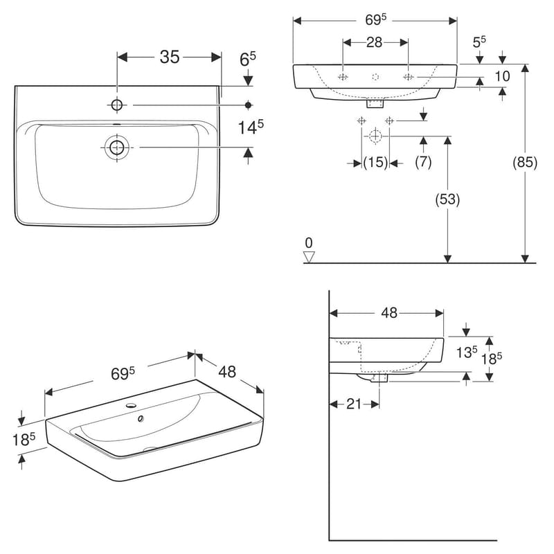 Geberit Renova Plan Waschtisch 70 cm mit Hahnloch mittig, mit Überlauf