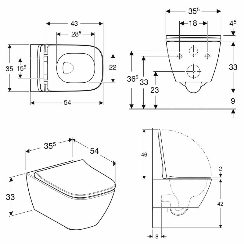 Geberit Smyle Square Set Wand-WC Tiefspüler, geschlossene Form, Rimfree, mit WC-Sitz