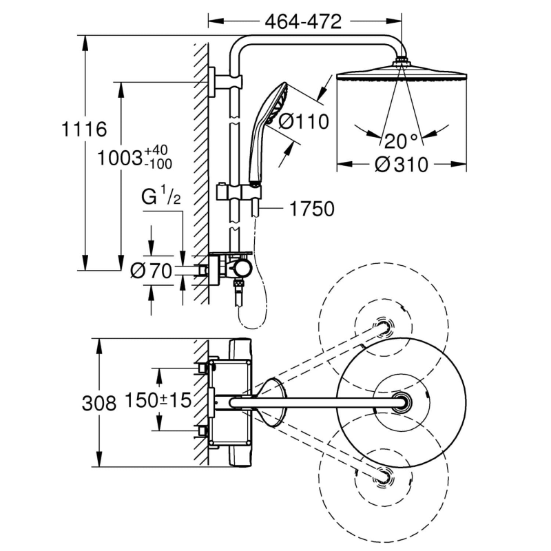 GROHE Vitalio System 310 Duschsystem mit Thermostatbatterie mit Ablage