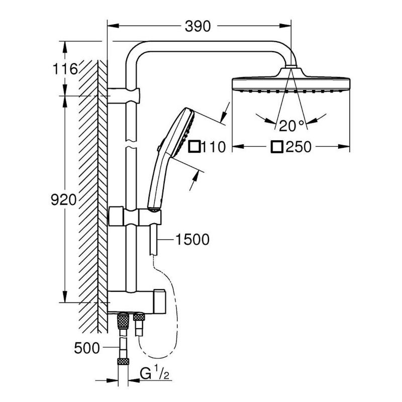 GROHE Vitalio Comfort 250 Flex Duschsystem mit Umstellung, Wandmontage 92 cm