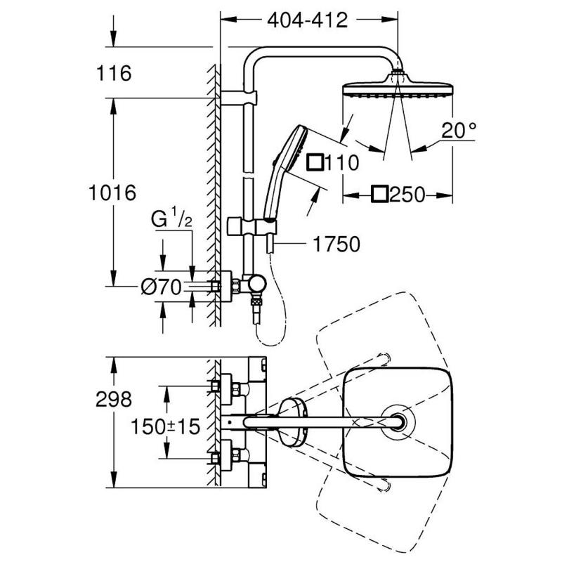 GROHE Vitalio Comfort 250 Duschsystem mit Thermostatbatterie für Wandmontage