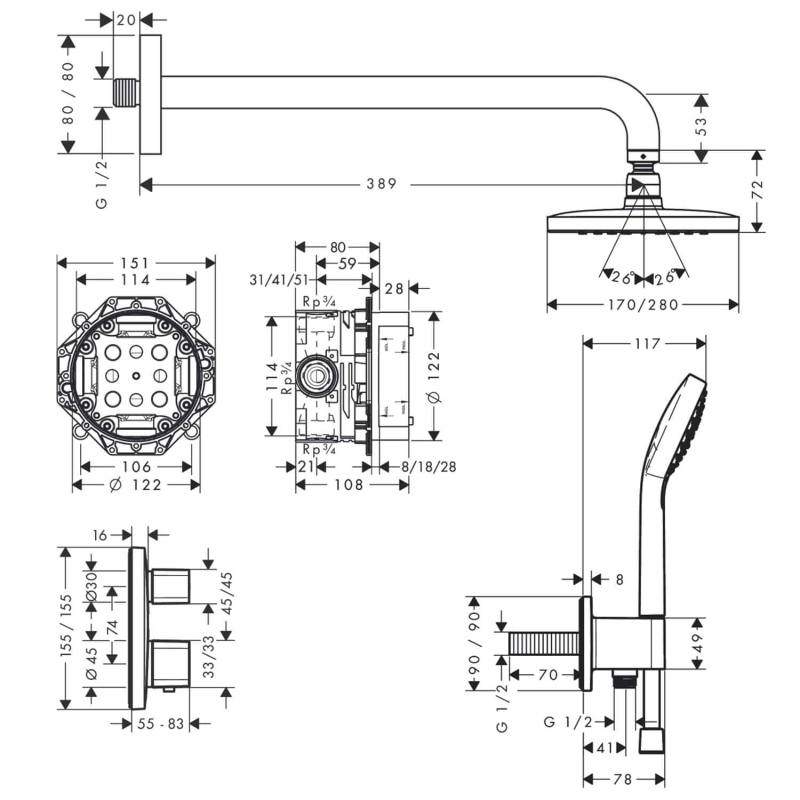 hansgrohe Croma E Brausesystem 280, 1 Strahlart mit Ecostat E