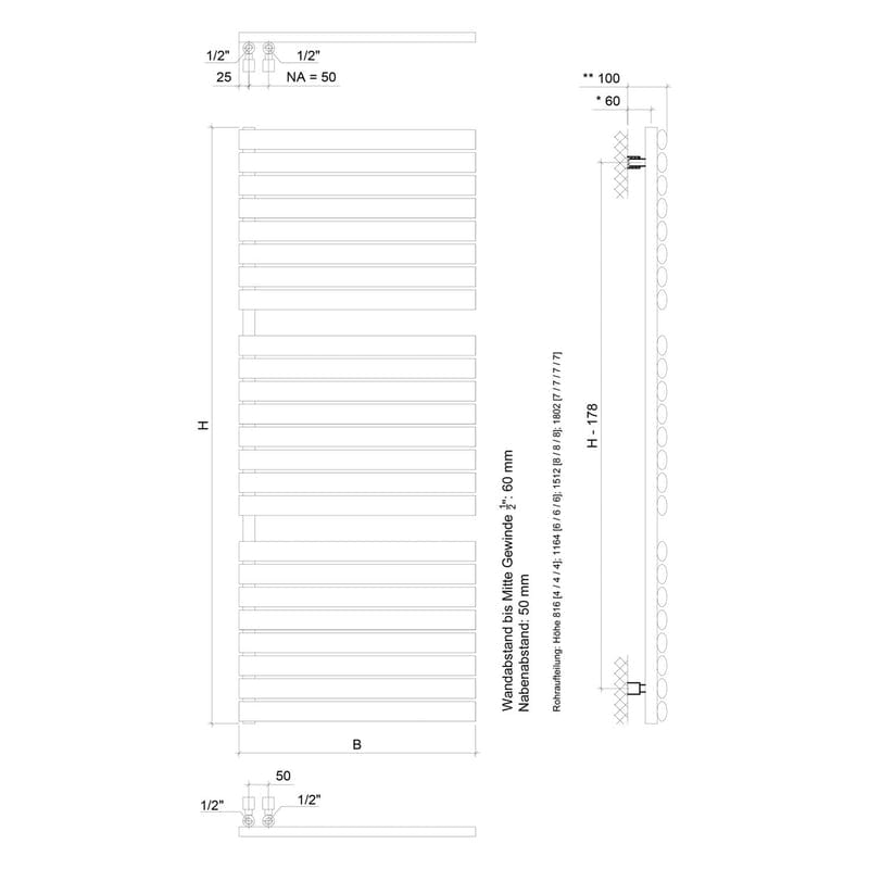 Sturotec Bath 2 Badheizkörper 60 x 180,2 cm Öffnung rechts