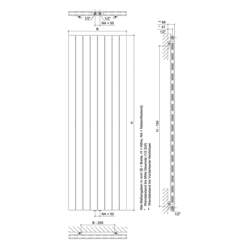 Sturotec Room 1 Heizkörper 59,5 x 180 cm mit Mittelanschluss