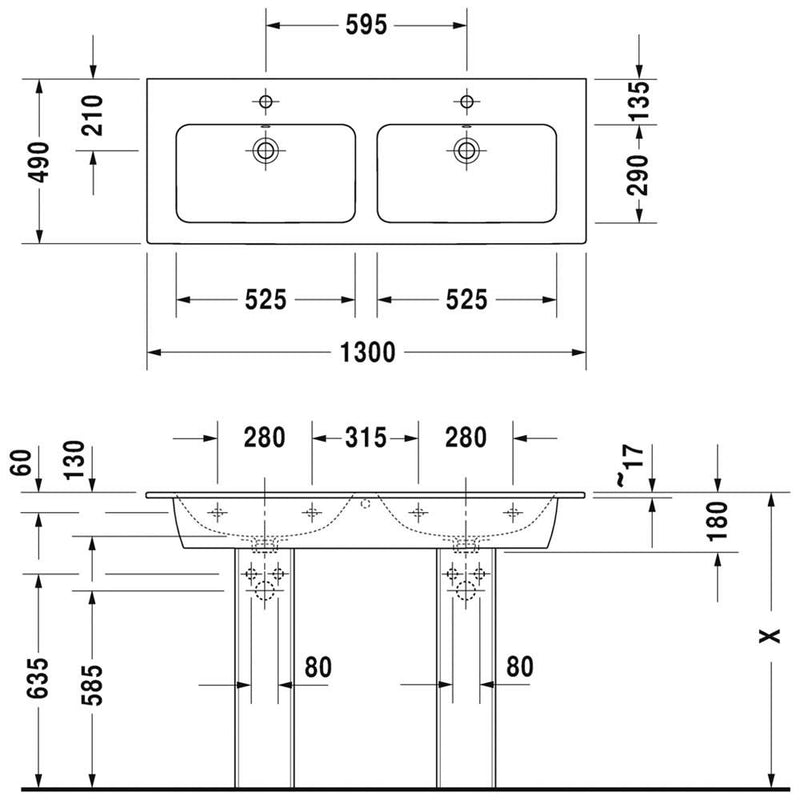 Duravit ME by Starck Möbel-Doppelwaschtisch 130 cm mit 1 Hahnloch