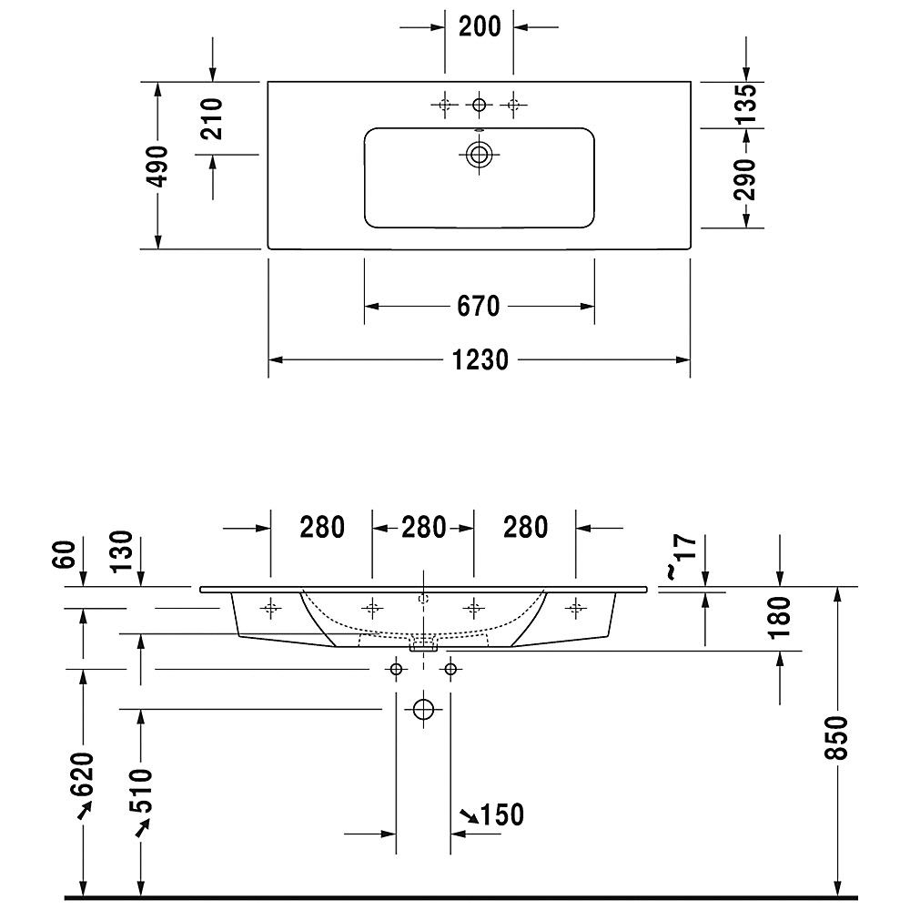 Duravit ME by Starck Möbelwaschtisch 123 cm mit 1 Hahnloch