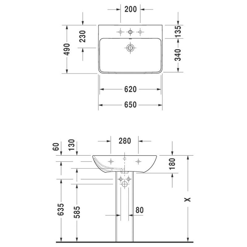 Duravit ME by Starck Waschtisch 65 cm mit 1 Hahnloch durchstochen