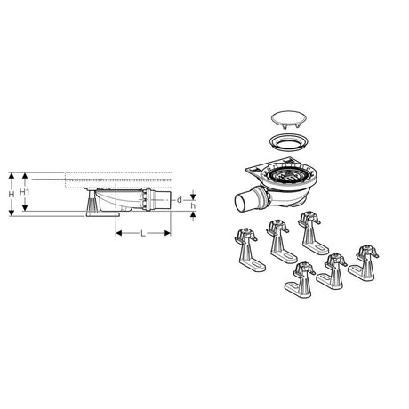 Geberit Rohbauset, zu Setaplano Duschfläche, Sperrwasserhöhe 5 cm, mit 6 Füßen