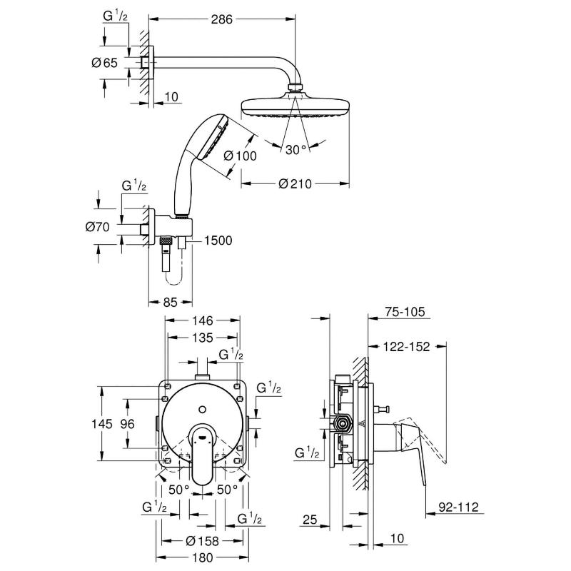 GROHE Eurosmart Cosmopolitan Duschsystem Unterputz mit Tempesta 210