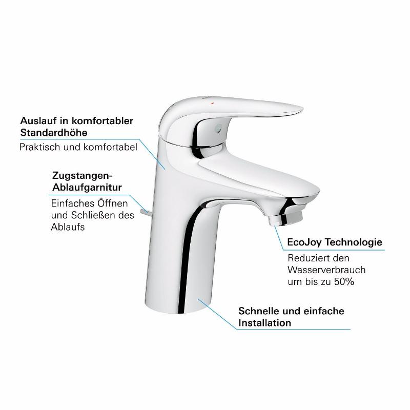 GROHE Eurostyle Einhand-Waschtischbatterie DN 15 S-Size, geschlossener Metall-Hebelgriff, mit Ablaufgarnitur