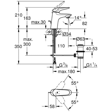 GROHE Eurostyle Einhand-Waschtischbatterie DN 15 S-Size, geschlossener Metall-Hebelgriff, mit Ablaufgarnitur