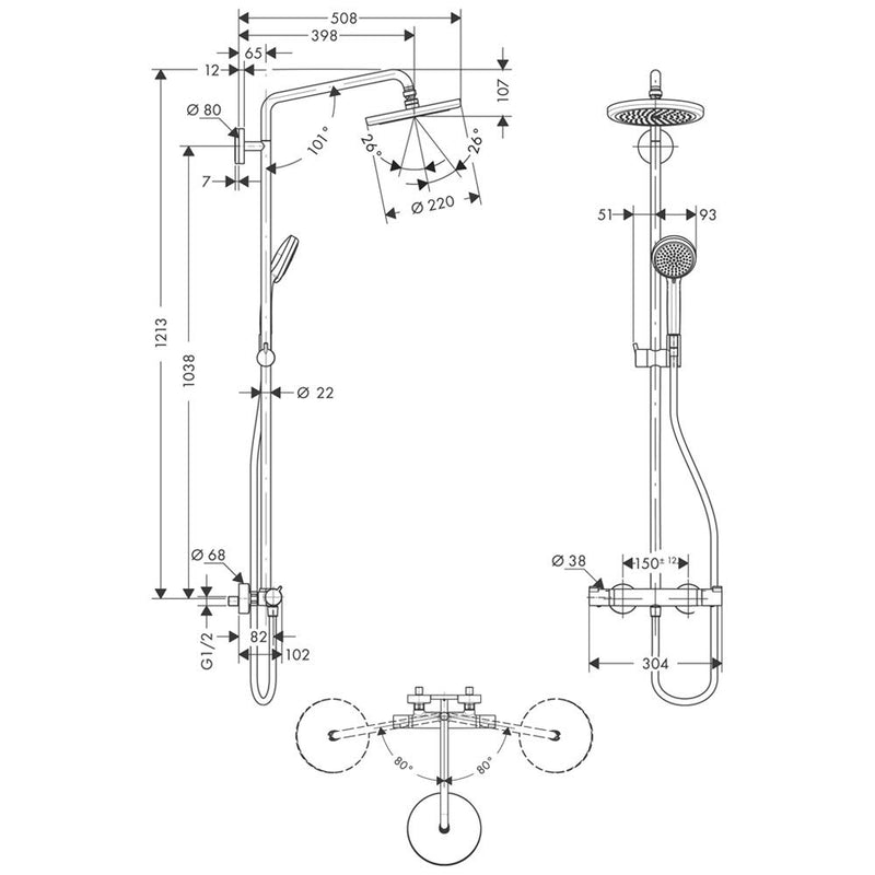 hansgrohe Croma 220 Showerpipe mit Brausearm 40 cm, schwenkbar