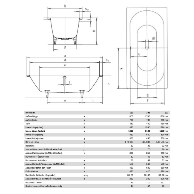 Kaldewei Classic Duo 103 Badewanne 160 x 70 cm