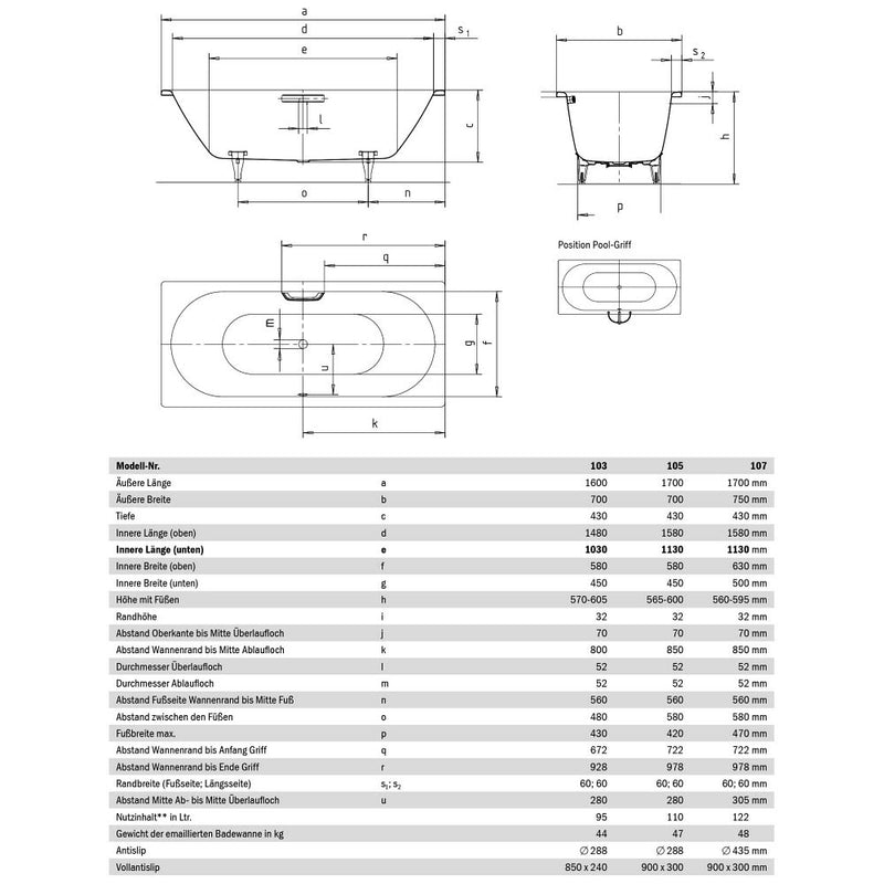 Kaldewei CLASSIC DUO Mod. 107 Badewanne 170 x 75 cm