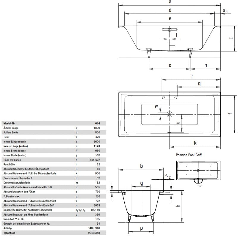 Kaldewei Puro Duo 664 Badewanne 180 x 80 cm