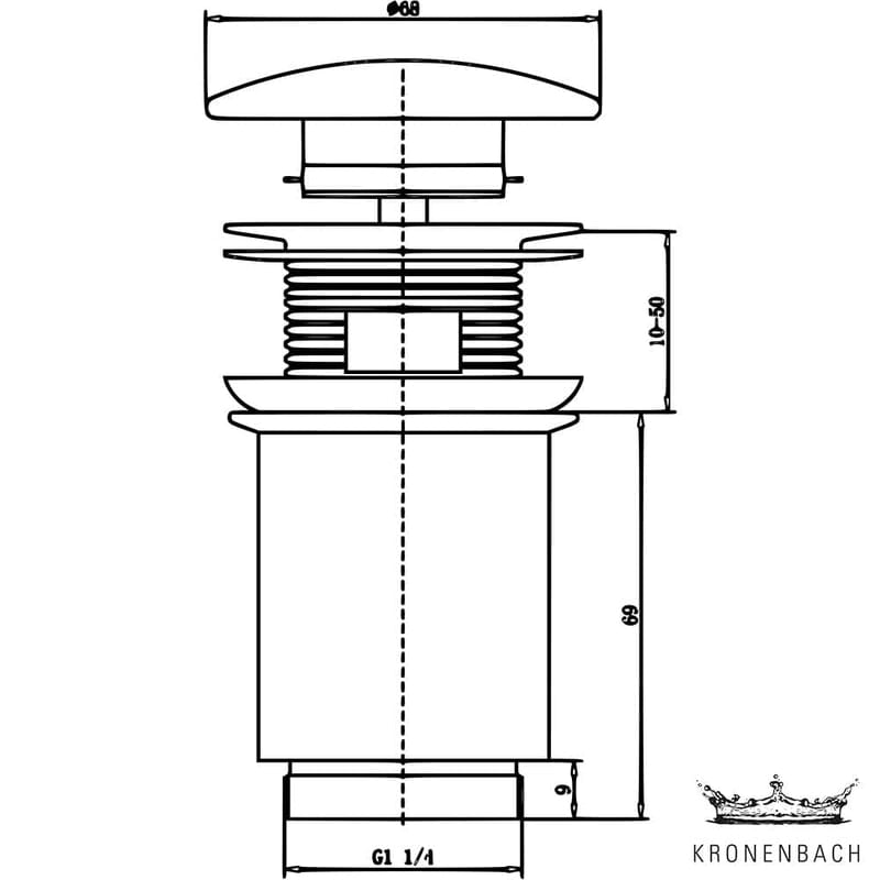 Kronenbach Pop Up Ablaufventil rund, lang, keramische Abdeckung