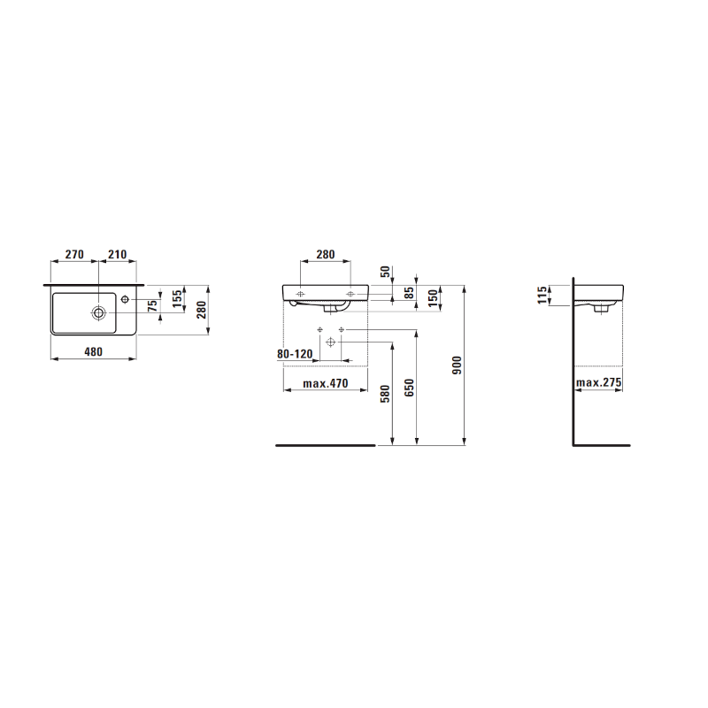 LAUFEN Pro S Handwaschbecken 48 cm asymmetrisch Becken rechts