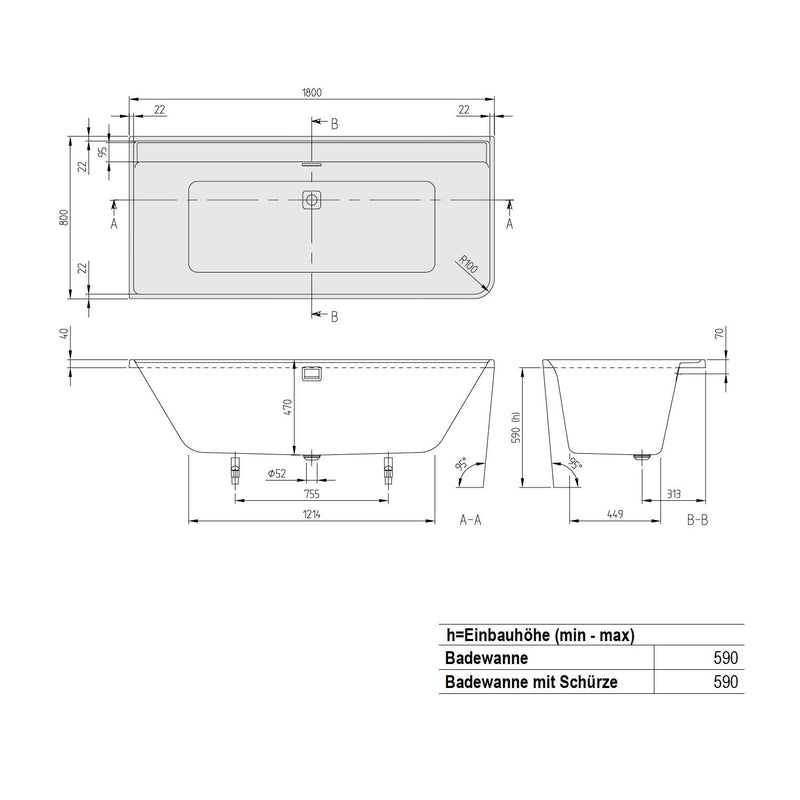 Villeroy & Boch Collaro Vorwand-Badewanne Duo 179 x 79 cm für Eckeinbau links