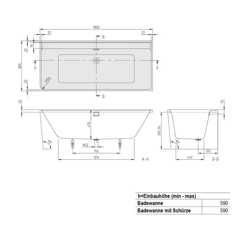 Villeroy & Boch Collaro Vorwand-Badewanne Duo 179 x 79 cm für Eckeinbau rechts