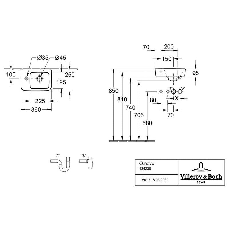 Villeroy & Boch O.novo Handwaschbecken compact 36 x 25 cm ohne Überlauf, Becken rechts