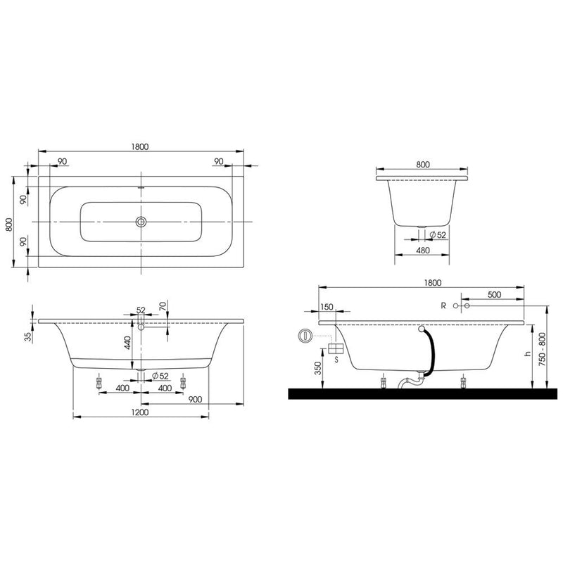 Villeroy & Boch Loop & Friends Square Duo Rechteckwanne 180 x 80 cm