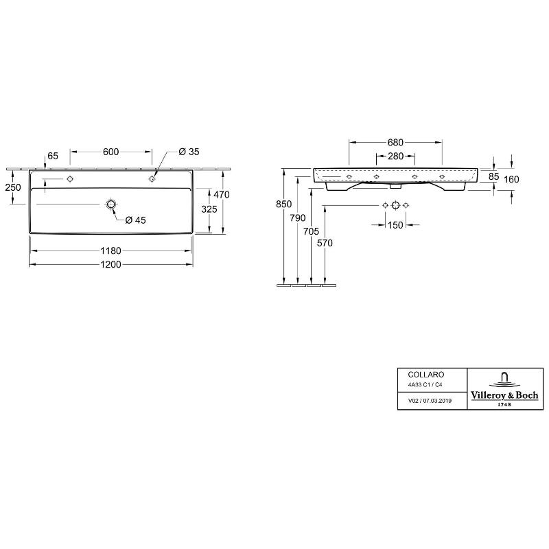 Villeroy & Boch Collaro Schrankwaschtisch 120 cm mit Überlauf, 2 Hahnlöcher