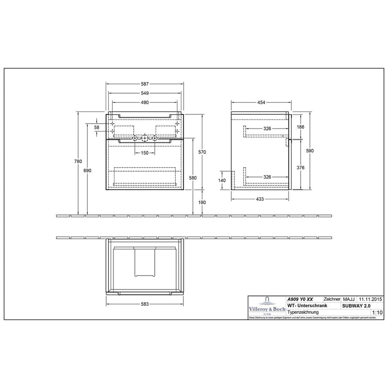 Villeroy & Boch Subway 2.0 Waschtischunterschrank XXL 58,7 cm, Griffe chromfarbig glänzend, 2 Auszüge